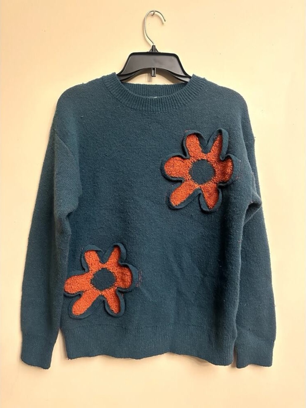 JODIFL Teal Crewneck Sweater with Orange Floral Appliqués